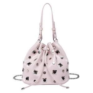 Pink bucket bag with silver studs and chain strap shown from a frontal view