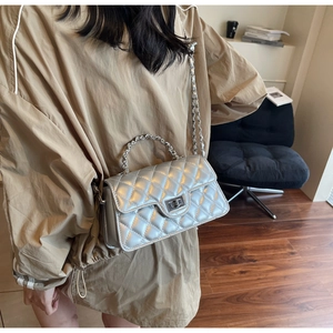 Silver quilted chain shoulder bag for women, stylish crossbody bag with metal twist lock.