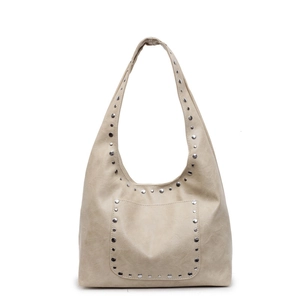Sac hobo beige en cuir ciré avec rivets argentés et grande capacité pour femmes