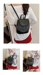 Detailed views of women's mini backpack featuring tweed patchwork and metal chain details