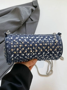 Sac Bandoulière Cylindrique en Denim pour Femmes Avec Rivets Métalliques Et Perle Artificielle Sac à Épaule Rétro Mode