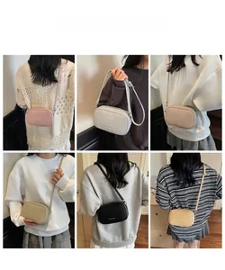 Collage of leather crossbody bags in six colors including pink, white, and yellow