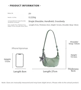 Detailed size chart for light green PU crossbody bag showing dimensions and iPhone comparison