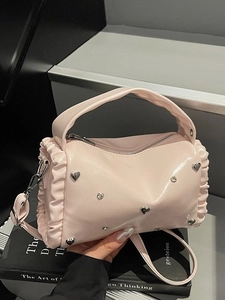 Women Ruched PU Leather Crossbody Bag Heart Studs Rhinestone Y2K Pillow Handbag Shoulder Bag Fashion Versatile Satchel