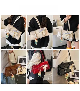 Collage of chic faux leather tote bags in beige, brown, red, and black with lace bows