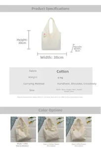 Size chart for floral canvas tote bag showing dimensions height 30cm and width 38cm