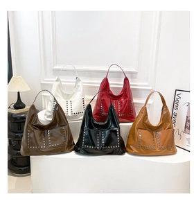 Detailed lineup of rivet tote bags in shiny white red brown black and caramel finishes
