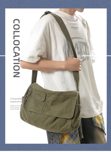 Detailed view of wide shoulder strap on dark green canvas messenger bag worn by model