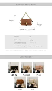 Detailed dimension chart and color options for the chain crossbody messenger bag