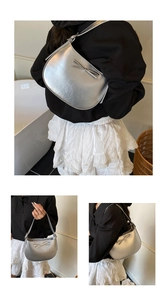 Vues détaillées d'un sac sous le bras argenté demi-lune avec un nœud décoratif élégant