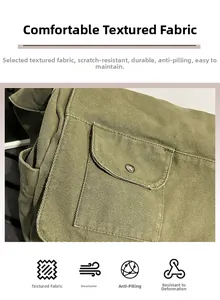 Detail of army green canvas messenger bag showing high density fabric and vintage metal snaps