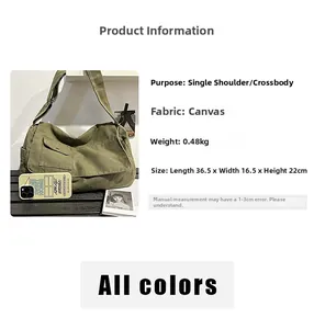 Detail view of large canvas crossbody bag with pocket layout and size specifications