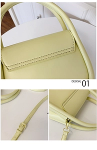 Detailed views of yellow leather handbag showing fine stitching and gold metal hardware
