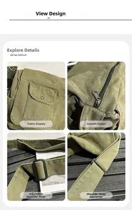 Detailed view of army green canvas messenger bag with durable metal zippers and strap