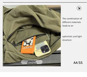 Detailed view of the olive green canvas bag internal pocket with zipper for storage