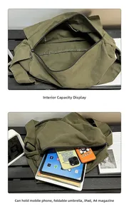 Detail view of large olive green canvas bag showing spacious interior with tablet and books