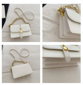 Detailed views of a white messenger bag with gold chain and padlock clasp from four angles
