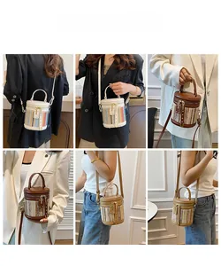 Detail shots of colorful woven bucket bags showing hand-held and crossbody styling options