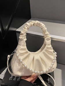 Women Ruched Cloud Bag PU Leather Artificial Pearl Chain Crossbody Shoulder Bag Chic Pleated Pouch Bag Urban Fashion Elegant Small Handbag