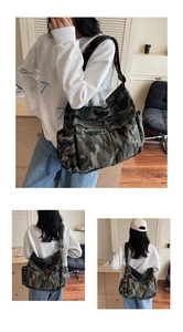 Detail of large camo canvas shoulder bag with front flap pockets and wide strap