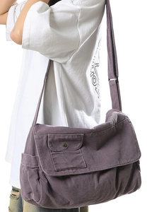 Large vintage purple canvas crossbody messenger bag with adjustable wide strap and flap
