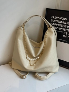 Women Large Capacity Tote Bag PU Leather Artificial Pearl Chain Shoulder Bag Vintage Urban Style Handbag Daily Commute Hobo Bag