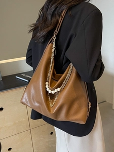 Brown large capacity tote bag with elegant pearl gold chain and leather texture