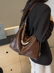 Large dark brown soft leather Hobo bag with elegant pearl chain and metal strap buckle