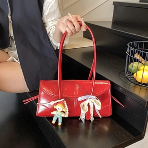 Women's Baguette Shoulder Bag PU Leather Tote Handbag With Bow Lace Cartoon Pendant Fashion 2025 Urban Simple Underarm Bag