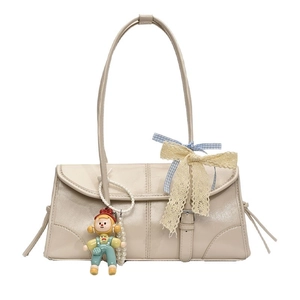 Cream chic large tote bag with lace bow and cute doll charm for 2025 summer