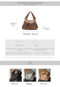 Detailed size and weight specs for a large PU leather tote bag in black, grey, and khaki