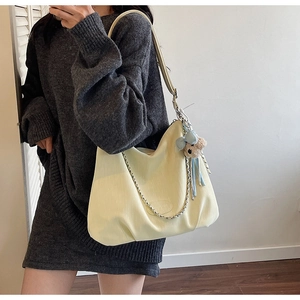 Détail du grand sac bandoulière jaune pâle avec surface texturée et breloque ours mignon