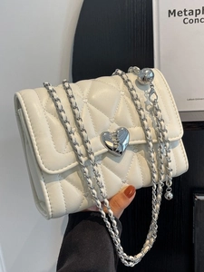Sac à Bandoulière Matelassé Losange pour Femmes Fermoir Cœur Tendance Bandoulière Chaîne Argent Cuir PU Sac à Épaule à la Mode