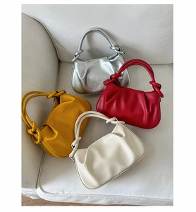 Chic knotted handle handbags with pleated texture in silver red yellow and beige