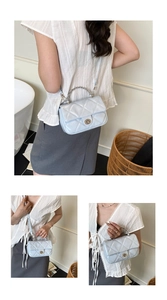 Three views showing light blue quilted crossbody bag with silver chain and metal clasp