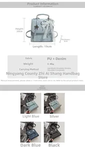 Size chart showing dimensions and PU denim materials of the stylish women's backpack