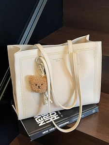 Women Large Capacity Lychee Pattern PU Leather Tote Bag With Bear Pendant Vintage Minimalist Commuter Shoulder Bag Handbag