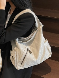 Large silver minimalist tote bag with vintage pleated texture and front zipper pocket