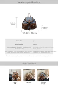 Detailed technical specifications and sizing for the retro tricolor denim PU backpack