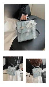 Detail showing light blue handbag with star, lace trim, and pearl bow decoration