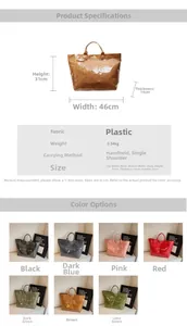 Waterproof PVC tote bag showing size specs and 7 available colors in a grid view