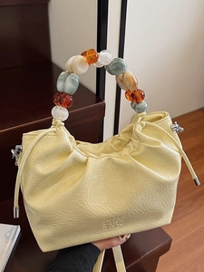 Women Fashion PU Leather Bucket Bag With Colorful Bead Handle Pleated Drawstring Crossbody Handbag Minimalist Urban Bag