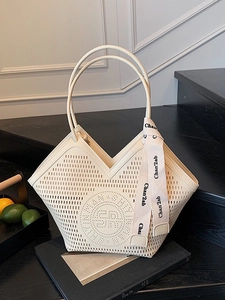 Women Large Capacity PU Leather Perforated Tote Bag Laser Cut Hollow Out Shoulder Bag With Ribbon For Office Daily Commuting