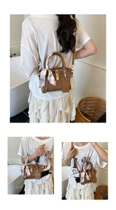 Three-way view of a brown PVC patchwork bucket bag with a silk scarf and metal lock