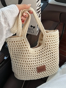 Sac Cabas Femme Tricoté au Crochet à la Main Grande Capacité Ajouré Sac à Épaule Vacances de Plage Avec Boucle Magnétique Sac à Main Urbain