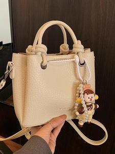 Lychee Pattern PU Leather Bucket Bag Knot Handle Crossbody Handbag With Cartoon Doll Artificial Pearl Charm Fashion Casual Ladies