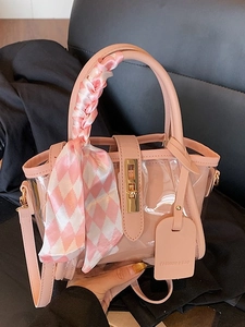 Sac Seau pour Femme en Cuir PU et PVC Transparent Avec Poignée en Foulard de Soie Décoratif Sac à Main et Bandoulière Quotidien
