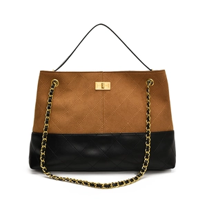 Borsa tote bicolore trapuntata in camoscio marrone e pelle nera con catena d'oro