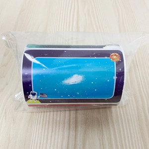 Close-up of space theme roll stickers featuring astronauts and planets in blue tones