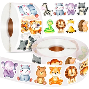 Rouleau d'autocollants d'animaux aquarelle pour enfants avec lions, éléphants et girafes